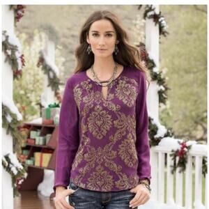 Sundance Silk Blouse Size Small Purple Gold Embroidered Damask Renaissance New